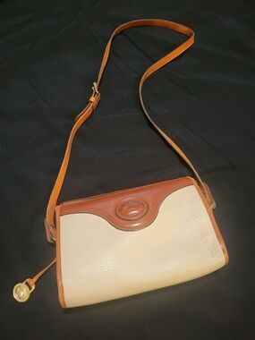 Vintage Dooney and Bourke Cream and Tan Leather Crossbody Bag with Gold Accent